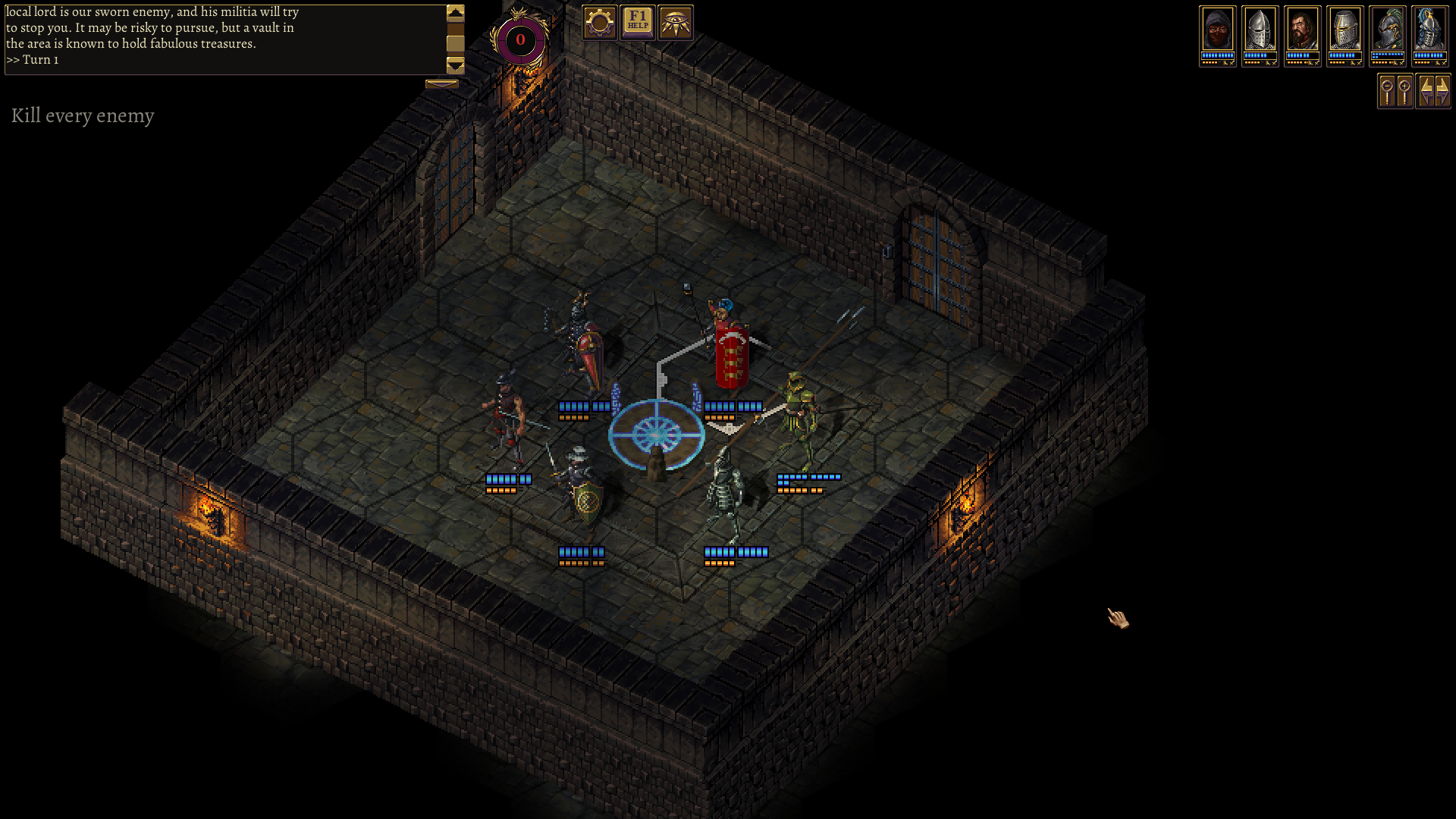 A squad surrounded in a torch-lit vault room